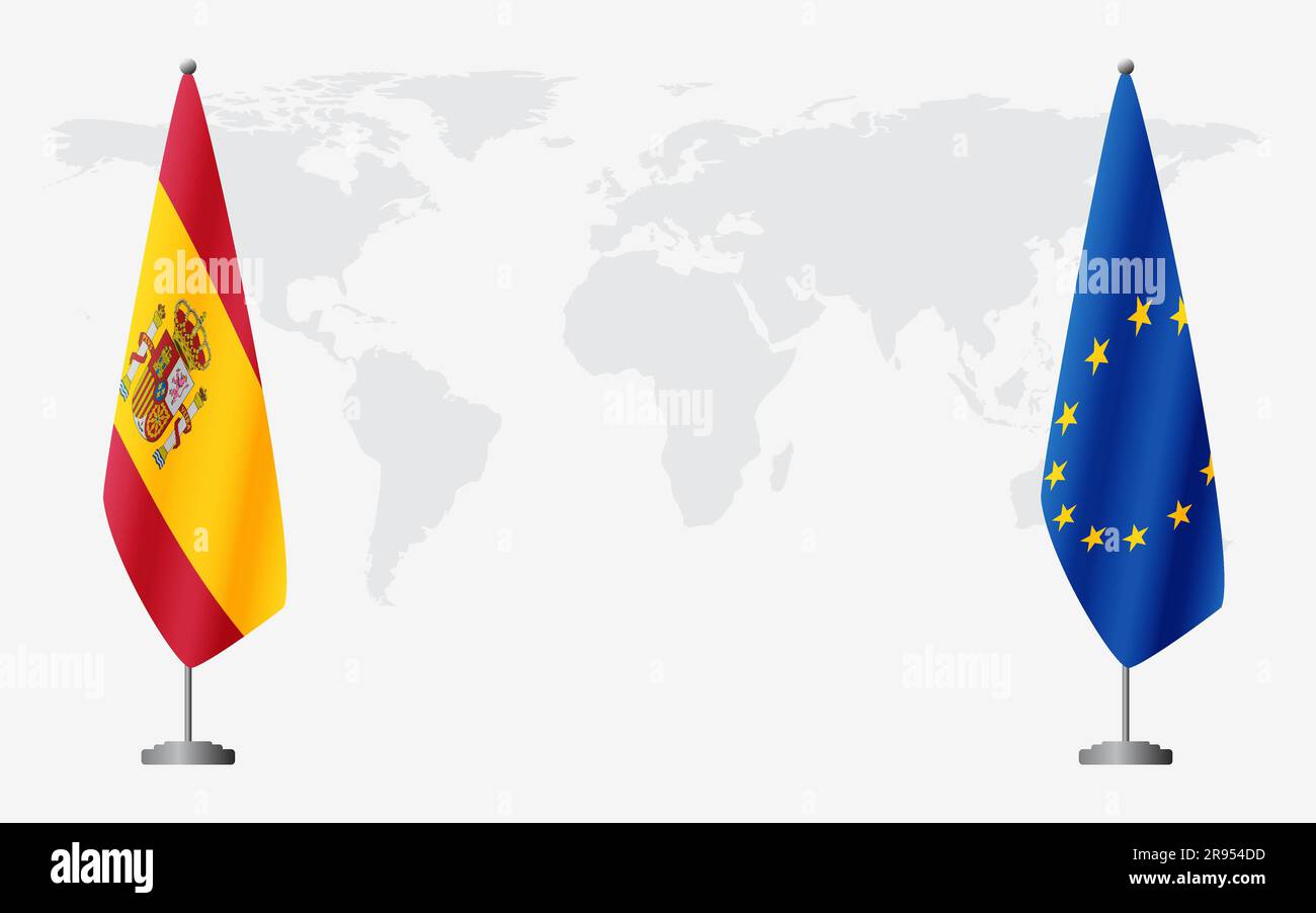 Spain and European Union flags for official meeting against background of world map. Stock Vector