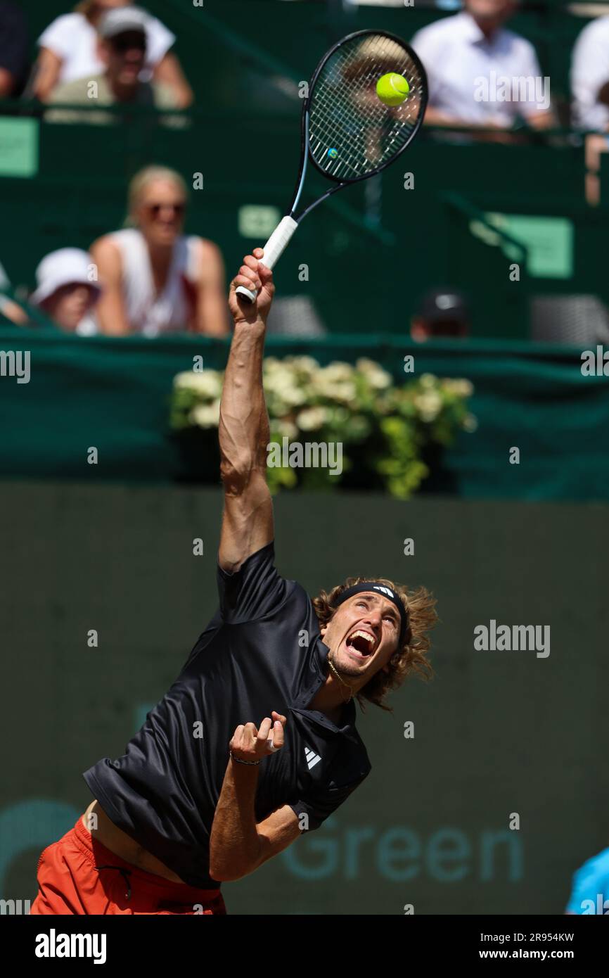 Halle, Germany. 24th June, 2023. Tennis: ATP Tour Singles, Men, Semifinals,  Bublik (Kazakhstan) - Zverev (Germany). Alexander Zverev makes a serve.  Credit: Friso Gentsch/dpa/Alamy Live News Stock Photo - Alamy