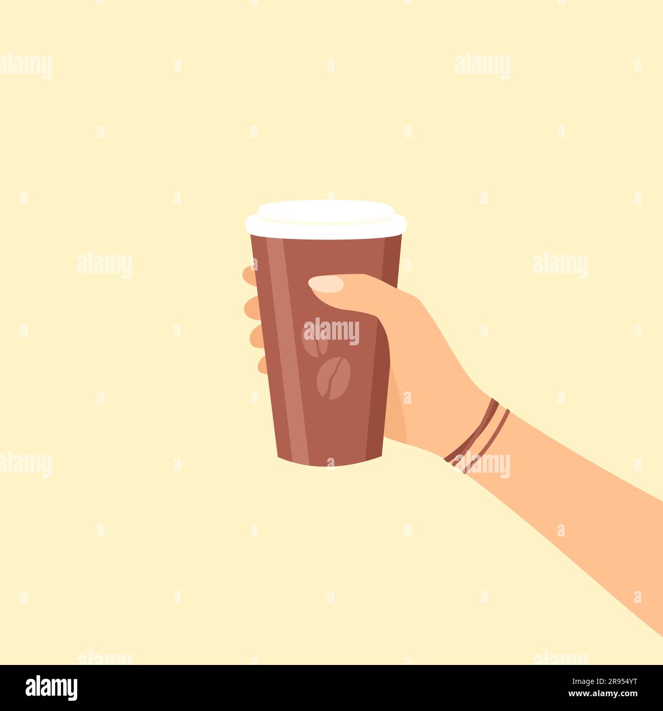 A hand holding a paper cup with coffee. Vector flat illustration Stock ...