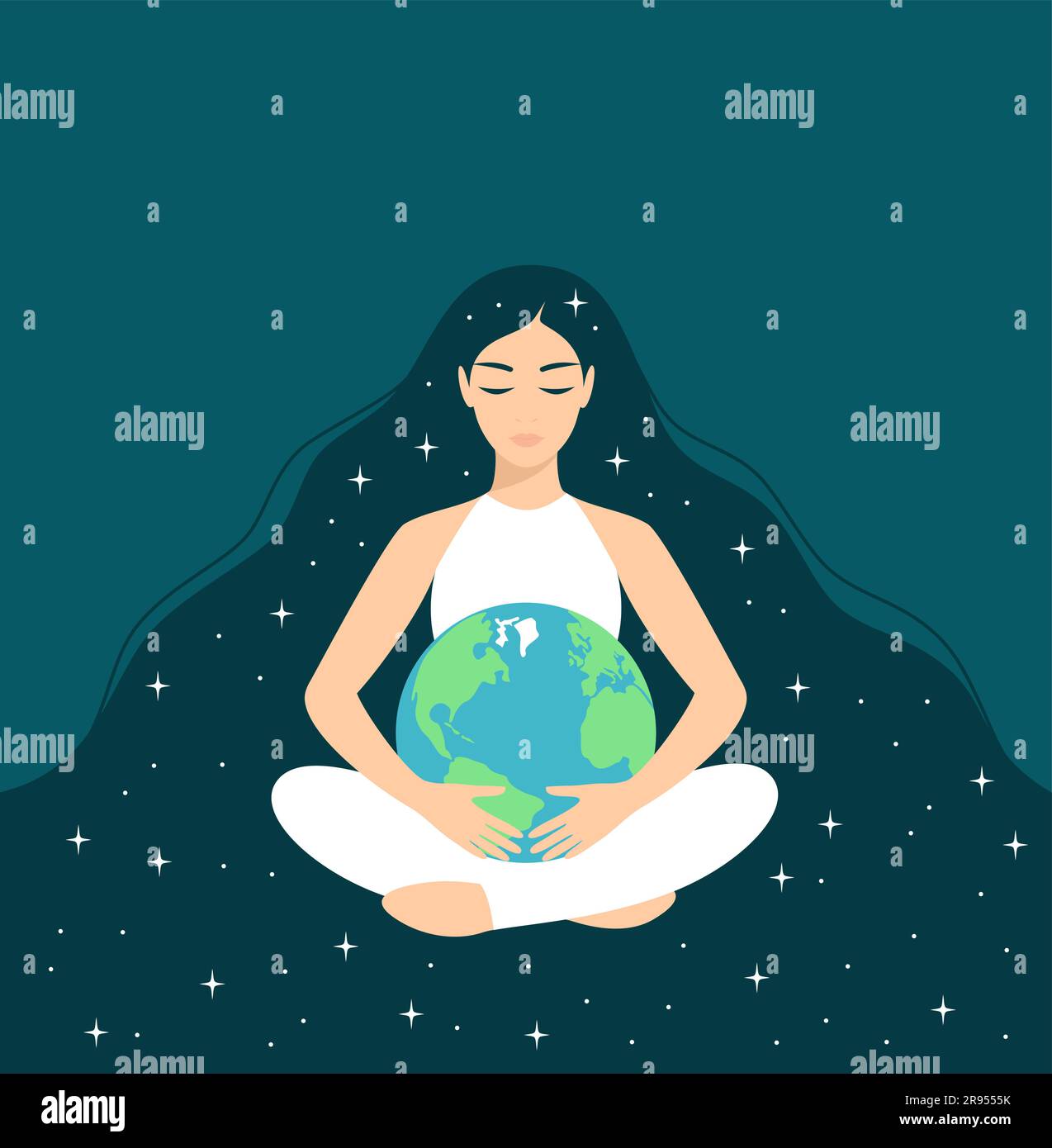 Young woman with long starry hair and closed eyes sitting in lotus position and hugging planet Earth. Care and protection of the environment. Flat vec Stock Vector