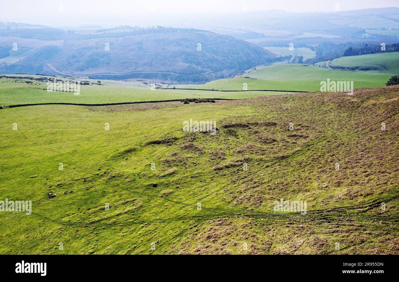 Cockburn Law Settlement on the east flank of Cockburn Law, Borders region, Scotland. Ancient multi period site with enclosure and hut circles. Aerial Stock Photo