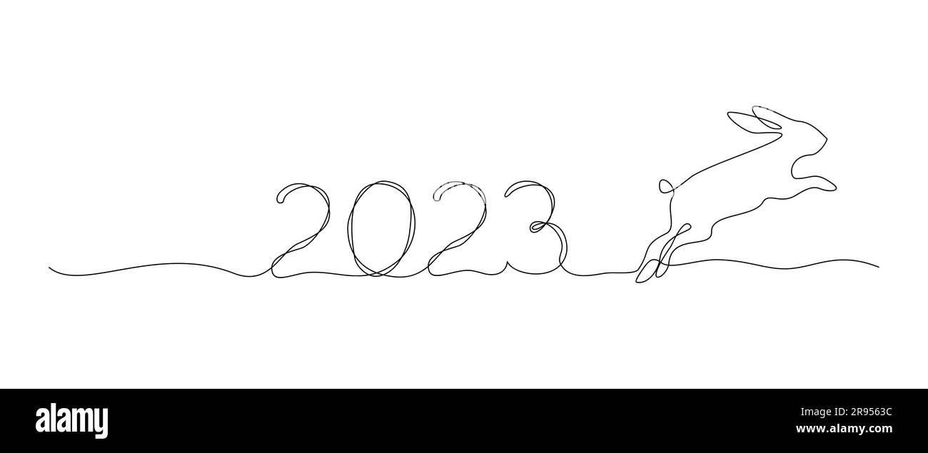 Number 2023 and jumping rabbit in line art style on a white background. Symbol of 2023. Vector illustration Stock Vector