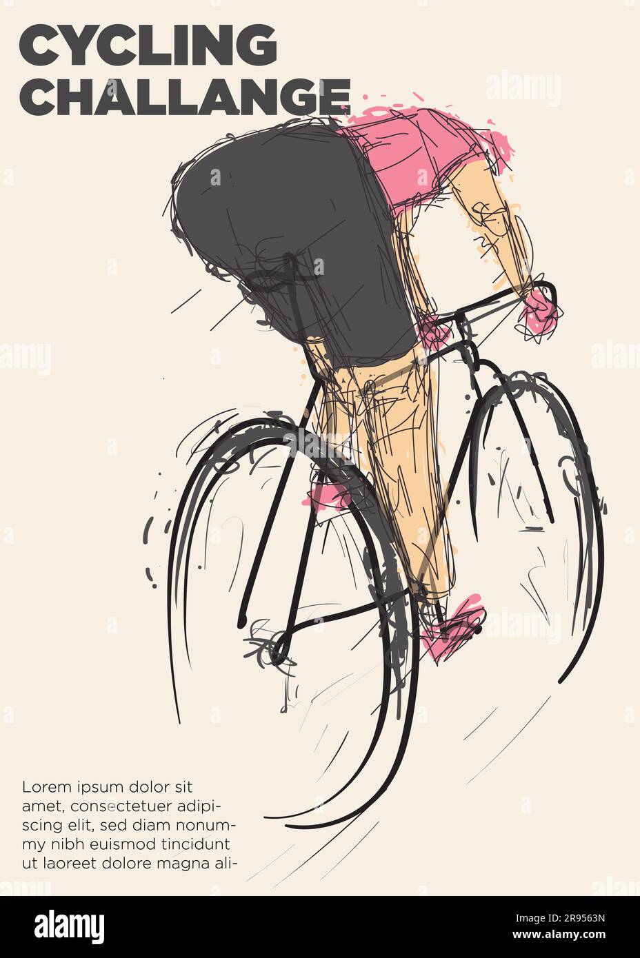cyclist from behind. cycling challange event poster. distressed dry brush vector illustration Stock Vector