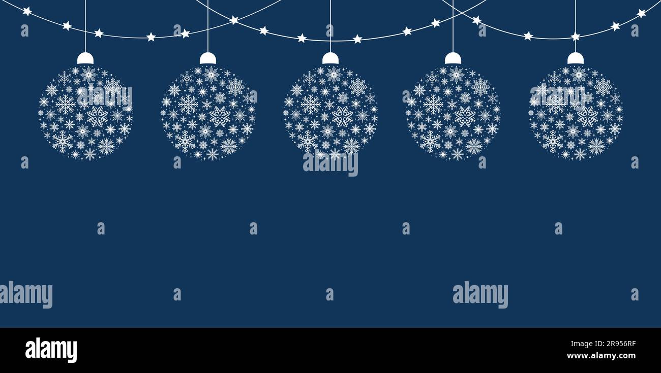 Frame of white Christmas balls with a snowflake pattern and garland on ...