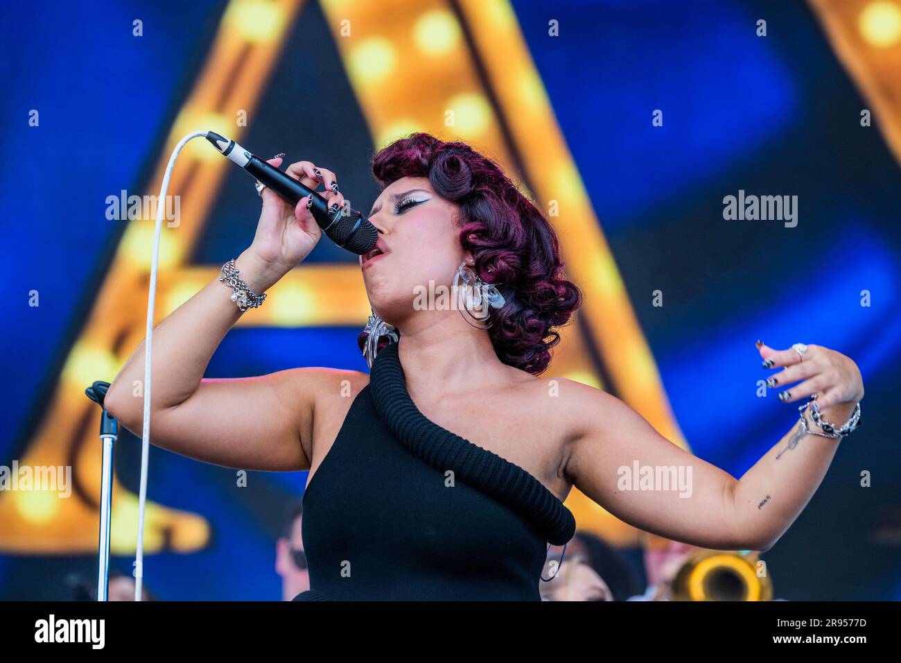 Glastonbury, UK. 24th June, 2023. Raye plays the Pyramid Stage on ...
