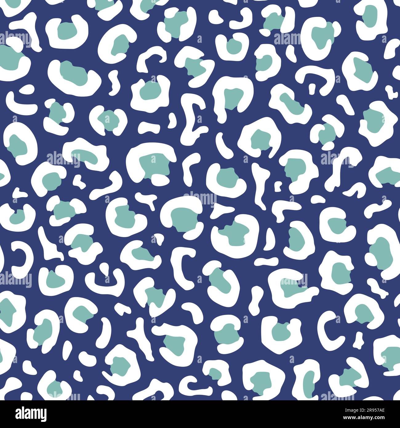 Seamless leopard print in white and green colors on a dark blue background. Flat vector illustration Stock Vector