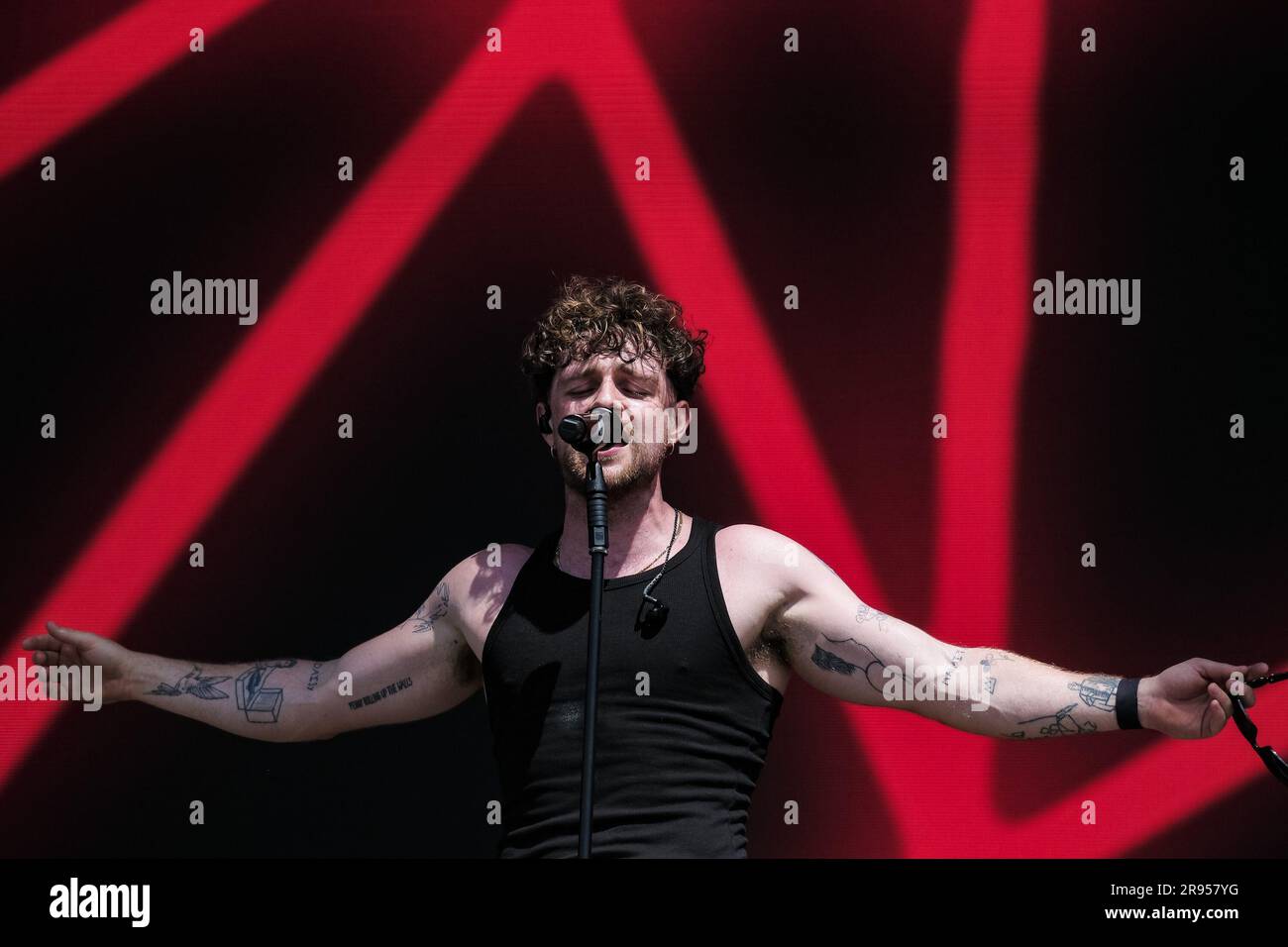Glastonbury, UK. 24th June, 2023. Tom Grennan photographed performing on the Other stage during