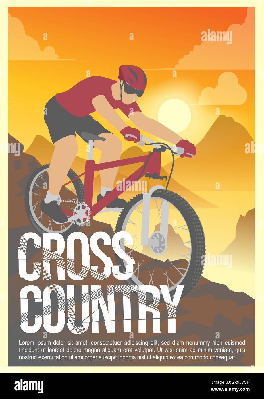 cross country event poster. cyclist ride down hill with beautiful background view of sun set and mountains. vintage style vector illustration Stock Vector