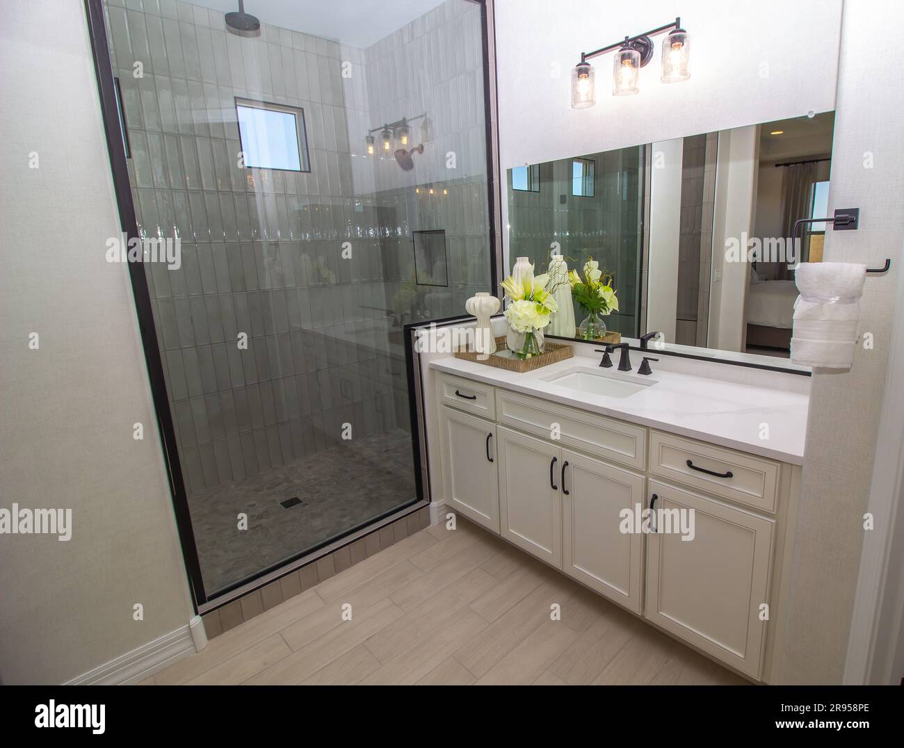 Master Bathroom Vanity And Shower Stock Photo - Alamy
