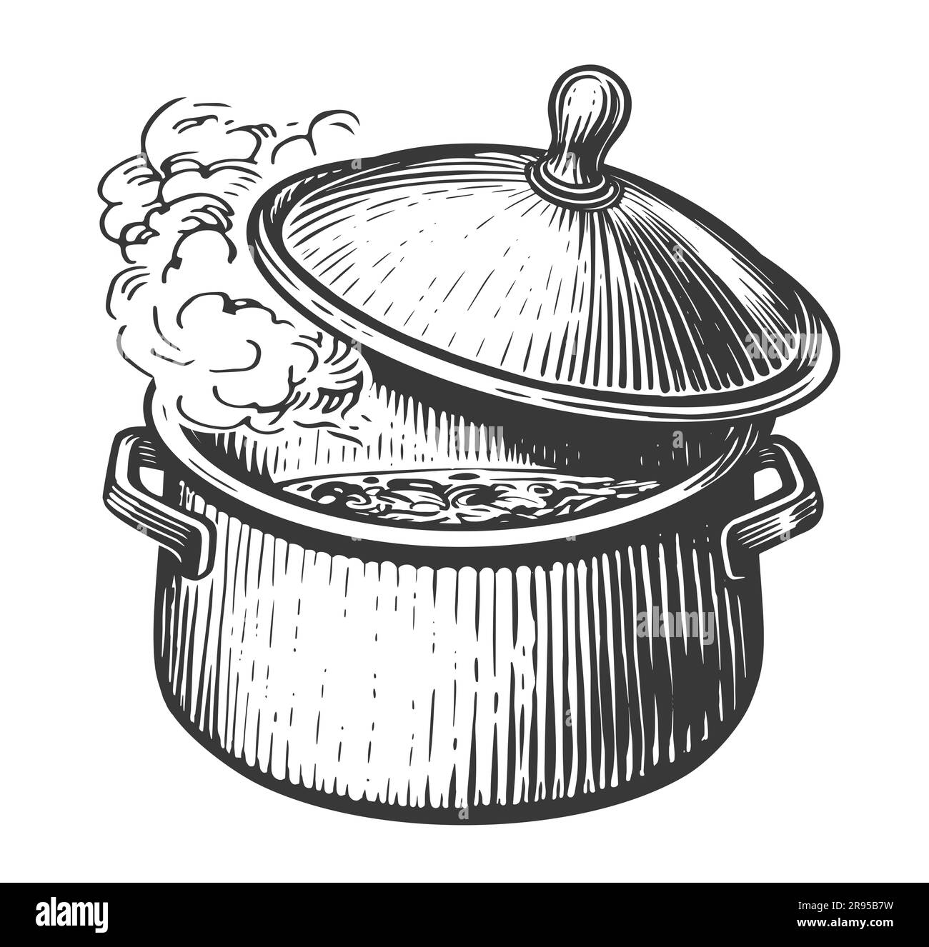 Soup pot is boiling. Cooking concept sketch. Illustration for cafe or