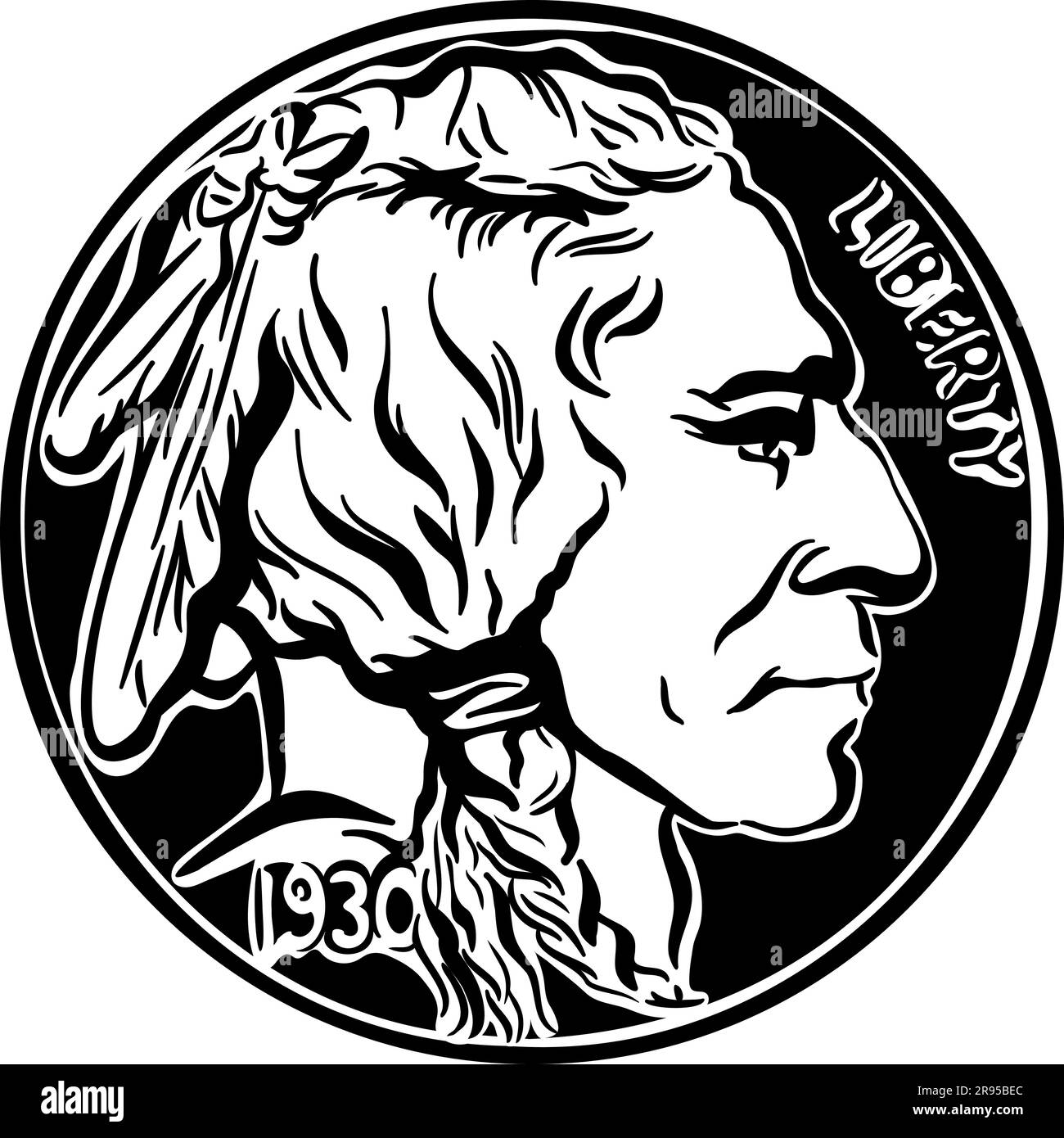 Black and white American money, Obverse of Buffalo nickel or Indian Head nickel 5 Cent Coin Stock Vector