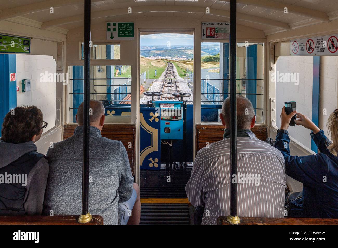 View from a tram on the Great Orme Tramway, Llandudno, UK, before departure. Stock Photo