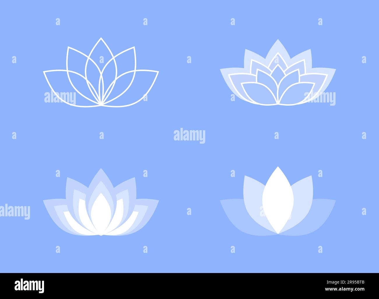 Blue and white lotus flower icon vector set on a blue background Stock