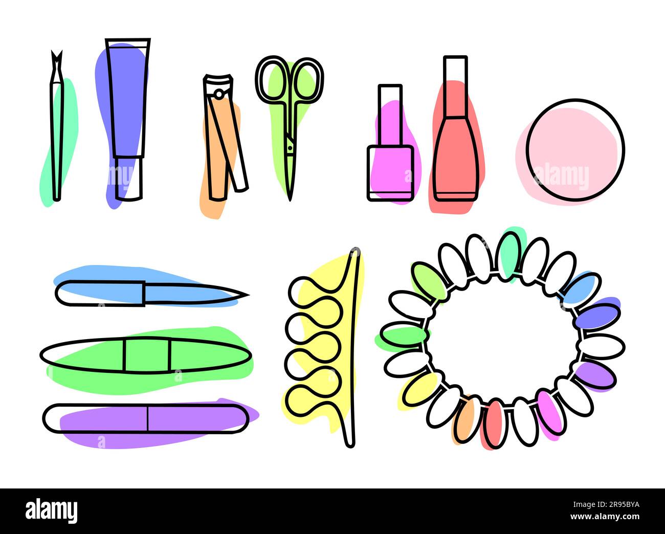 Set of colorful manicure and pedicure tools on a white background Stock Vector