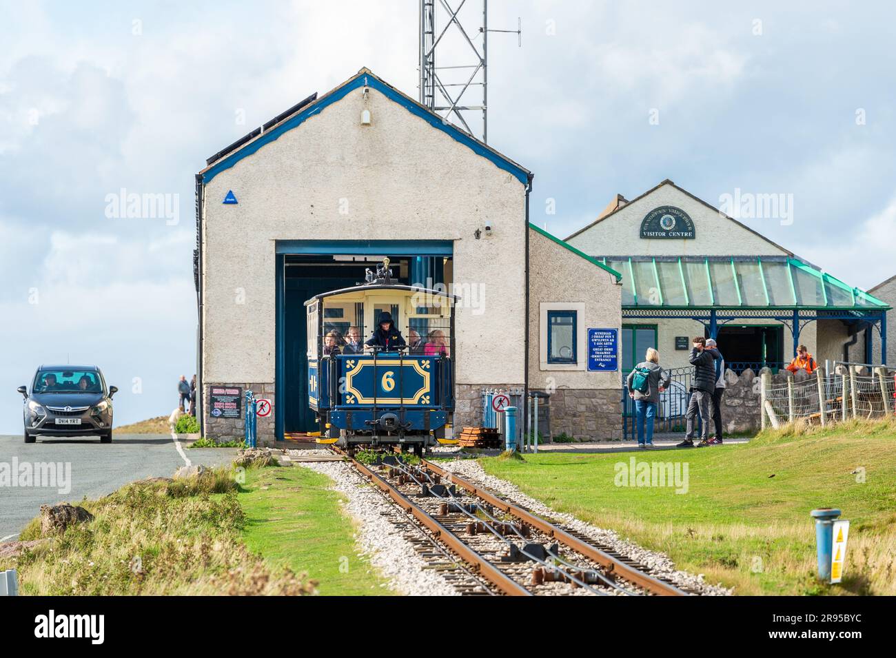 Tram No. 6 departs the Summit Station on the Great Orme Tramway, Llandudno, North Wales, UK. Stock Photo