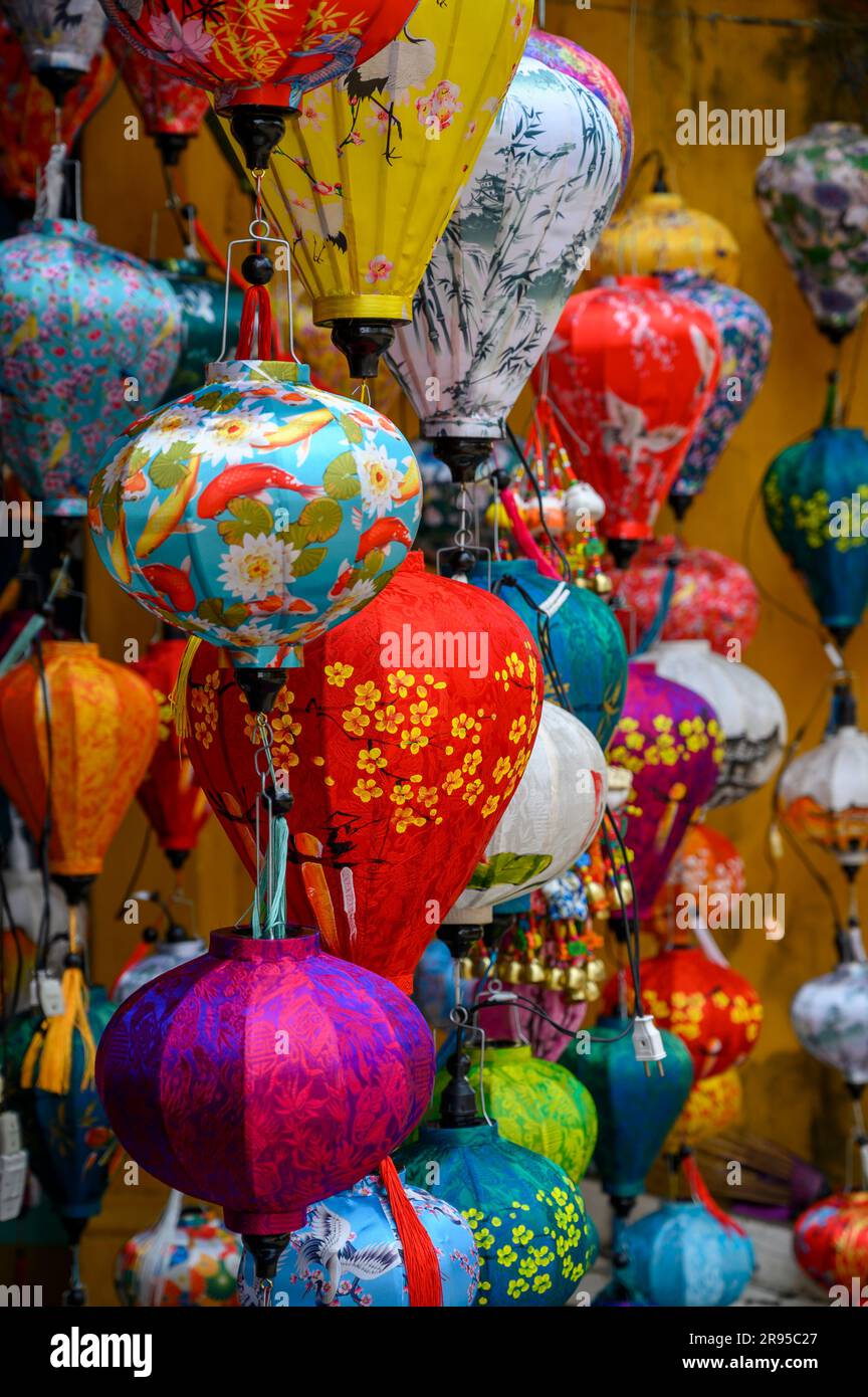 Traditional, colourful paper lanterns on display outside a shop in old