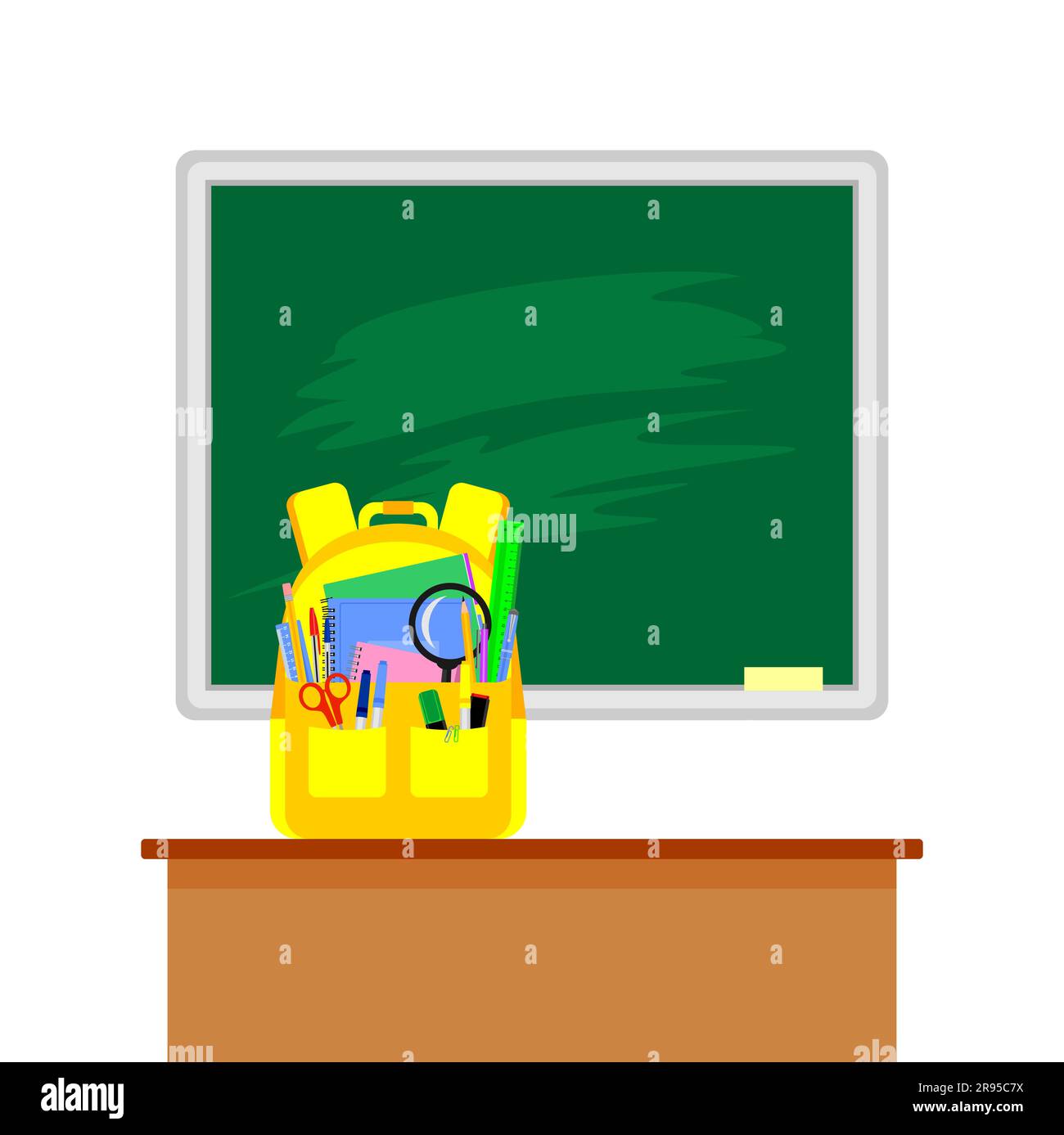 Yellow backpack with school stationery on the table on a background of ...