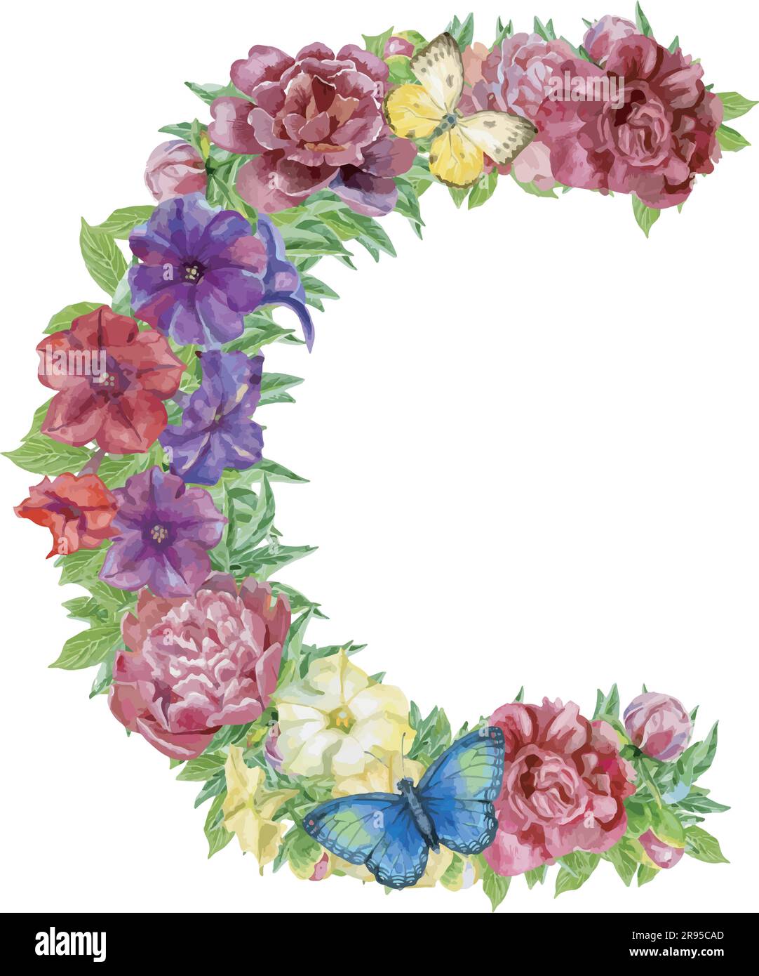 Letter C of watercolor flowers, isolated hand drawn on a white