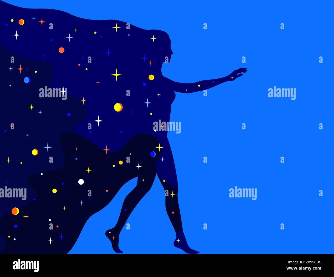 Stellar universe in the shape of a woman's profile silhouette in full height on a blue background. A woman comes out of space Stock Vector