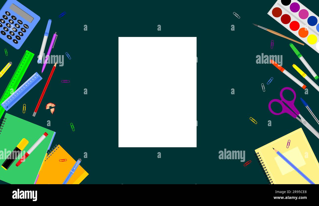 Multicolored school stationery accessories with a white sheet in the center on a dark green background. Flat vector illustration. Top view Stock Vector