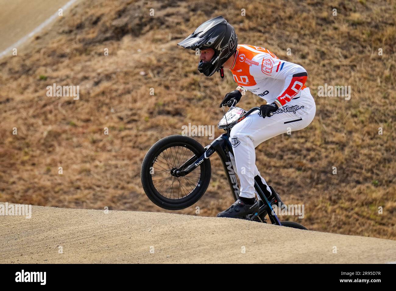 ARNHEM, NETHERLANDS - JUNE 24: Niek Kimmann of the Netherlands competes in  the 1/8 Finals during Round 3 of the 2023 UCI BMX Racing World Cup at  Sportcentrum Papendal on June 24,