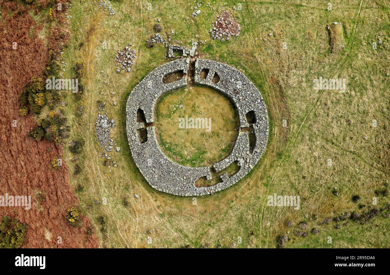 Edins Hall Broch above Whiteadder Water. Borders region, Scotland. Showing stone footings, intramural chambers and entrance of 2nd C broch. Aerial Stock Photo