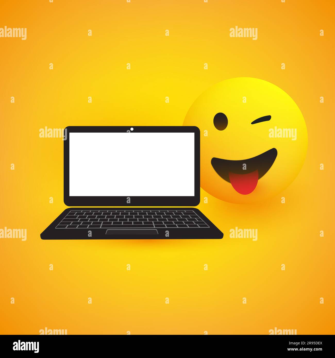 Emoji, Emoticon with Winking Eye and Laptop Computer on Yellow Background - Vector Design Stock Vector
