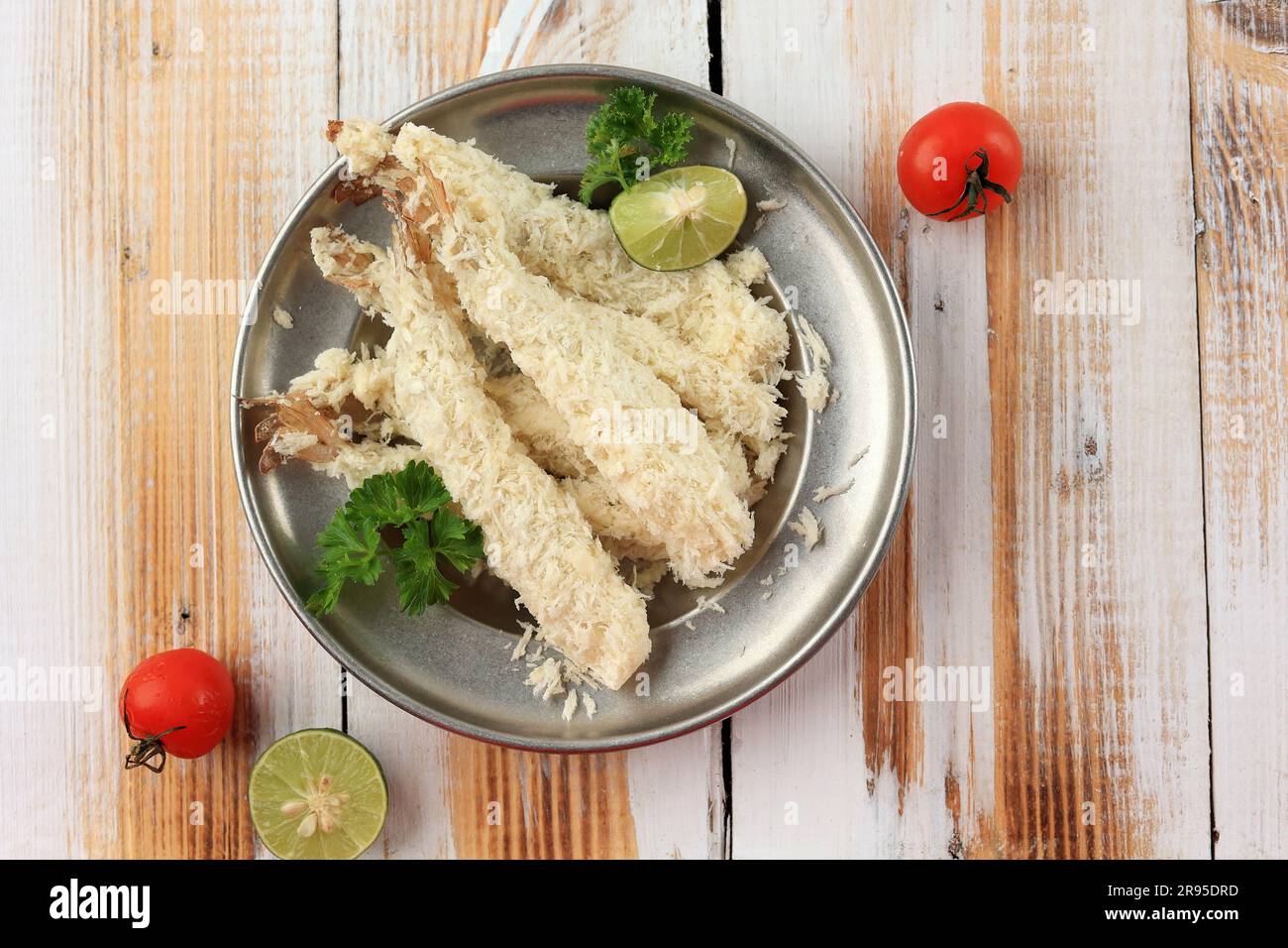 Top View Raw Tempura Shrimps Ebi Furai in Breaded Flour, on Rustic
