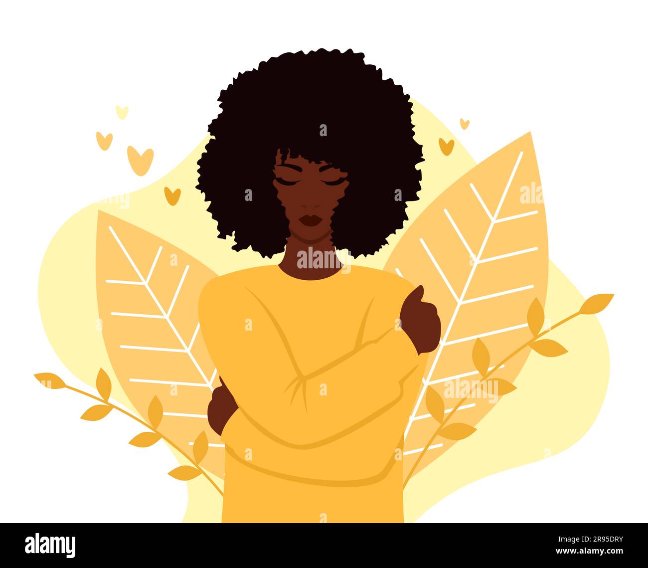 Beautiful african woman with curly hair and closed eyes hugs herself. The concept of self-love. Flat vector illustration Stock Vector