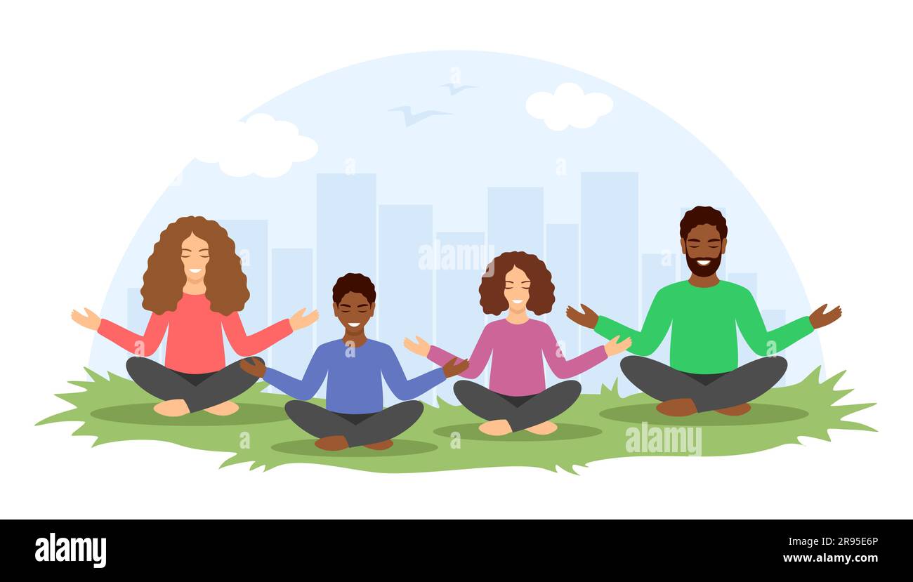 A multiethnic family meditating together in a lotus position on the grass with a city behind. Vector illustration in flat style Stock Vector