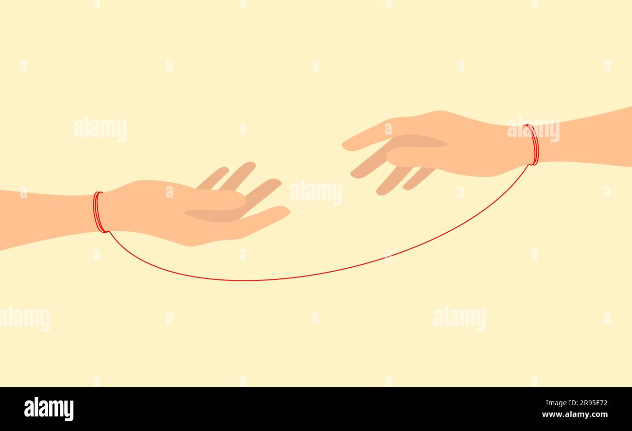 Two hands tied with the red thread of fate reach for each other. Vector ...