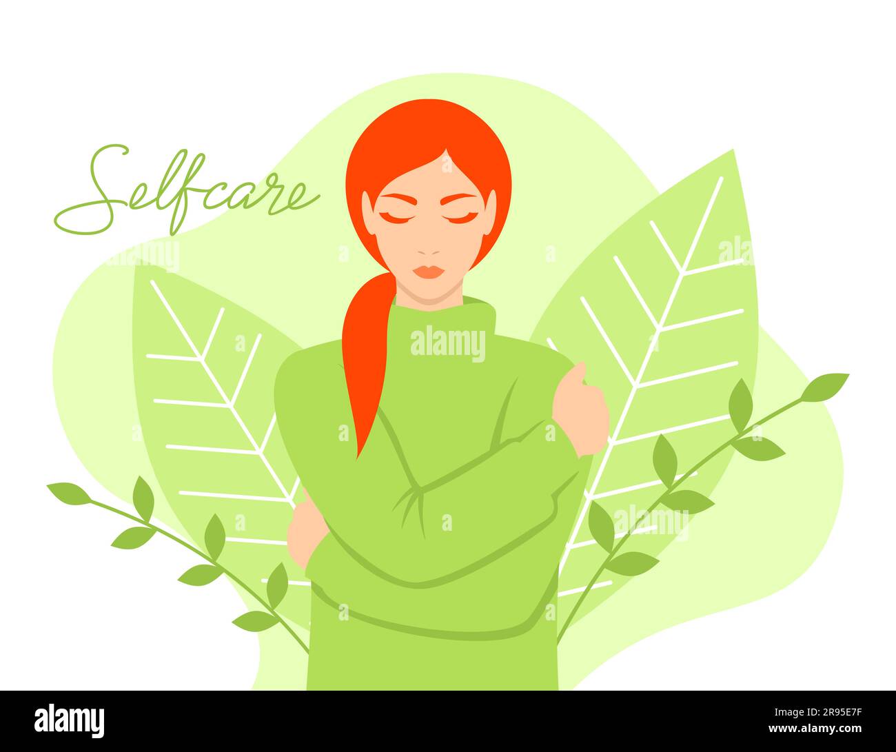 Beautiful caucasian woman with red hair and closed eyes hugs herself. The concept of self-love and self-care. Flat illustration in green color Stock Vector