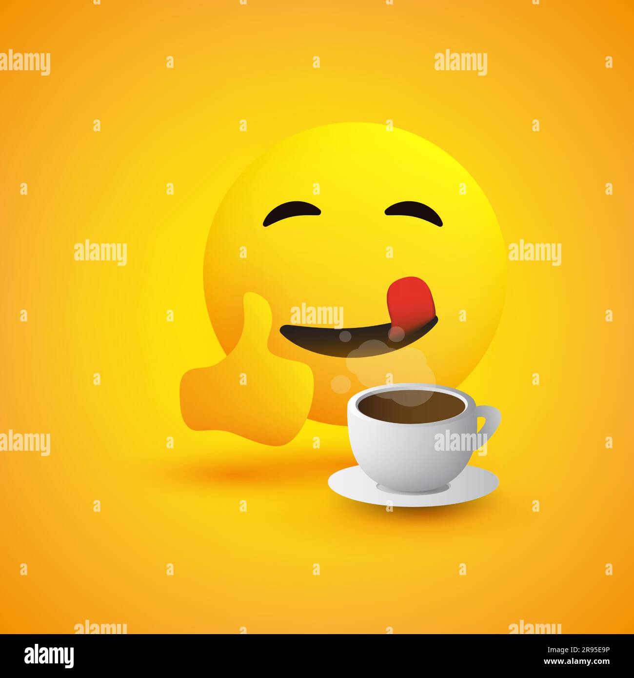 Smiling Emoticon with a Cup of Coffee and Outstretched Tongue Showing