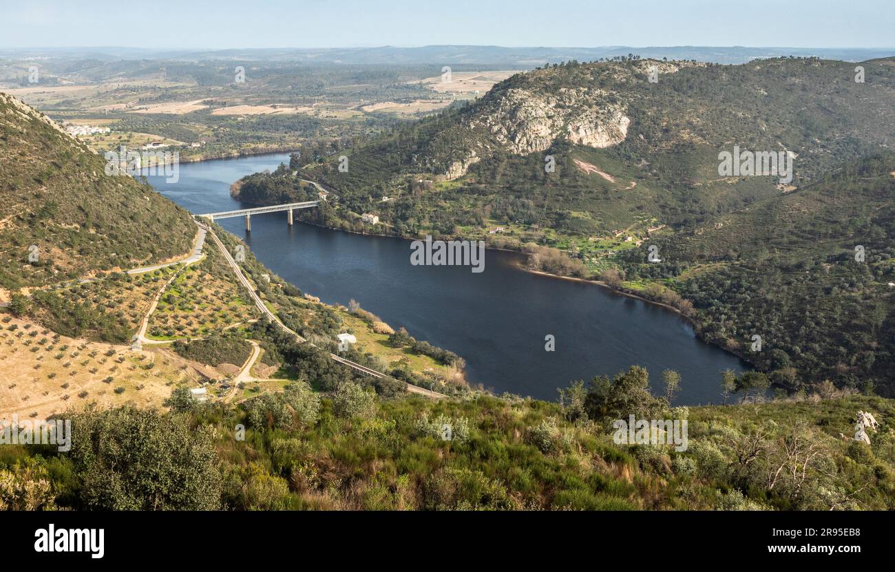 Panoramic landscape over the Tagus river in Vila Velha de Ródão, Portugal, from the viewpoint of the castle of Ródão. Stock Photo