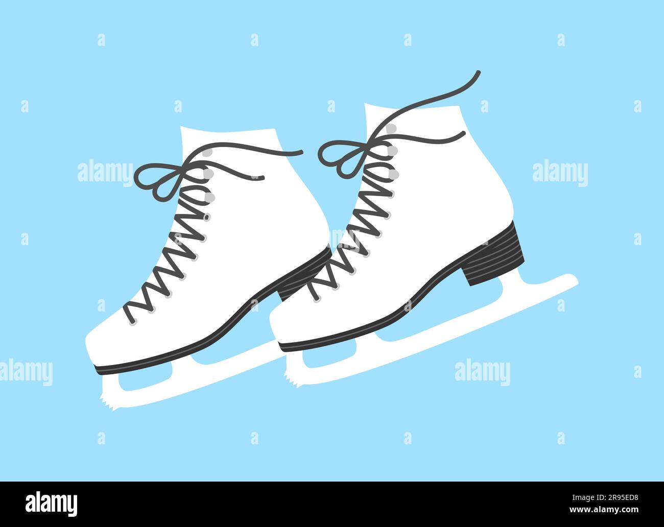 A pair of white ice figure skates with black laces and soles on a blue