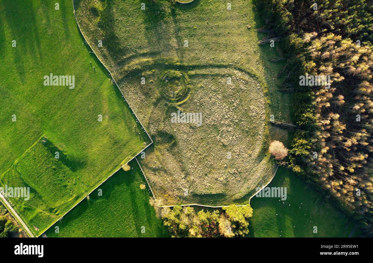 Torwoodlee prehistoric broch circular stone foundation circa 100 AD inside ramparts of older Iron Age fort. Near Galashiels, Borders region, Scotland Stock Photo