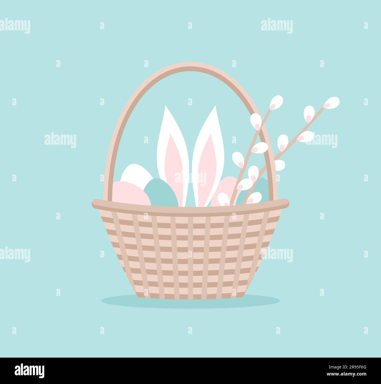 Easter basket with eggs, rabbit ears and branches of willow blossom. Vector illustration in flat style Stock Vector