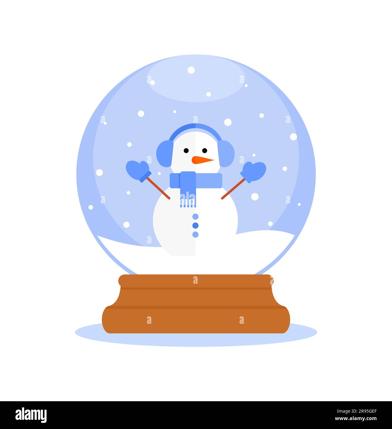 Christmas snow glass ball with snowman in blue headphones, scarf and mittens. Flat vector illustration Stock Vector