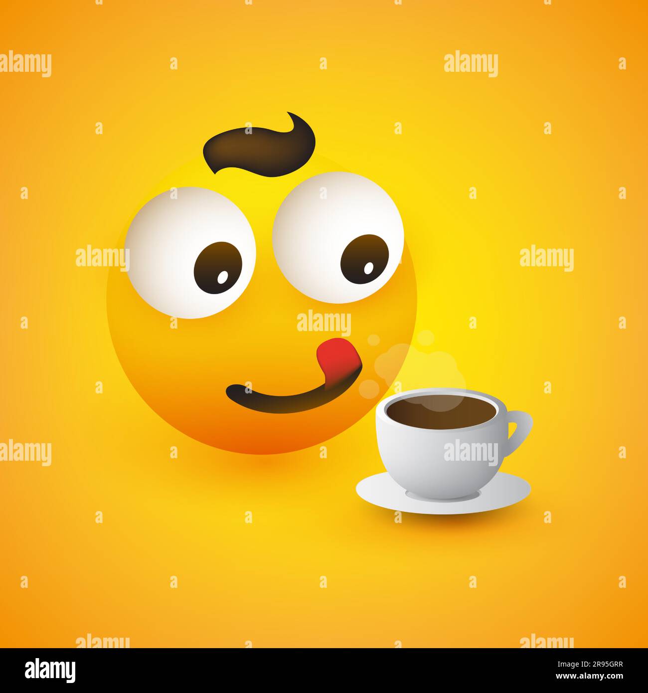 Smiling Emoticon with a Cup of Coffee, Pop Out Eyes and Outstretched