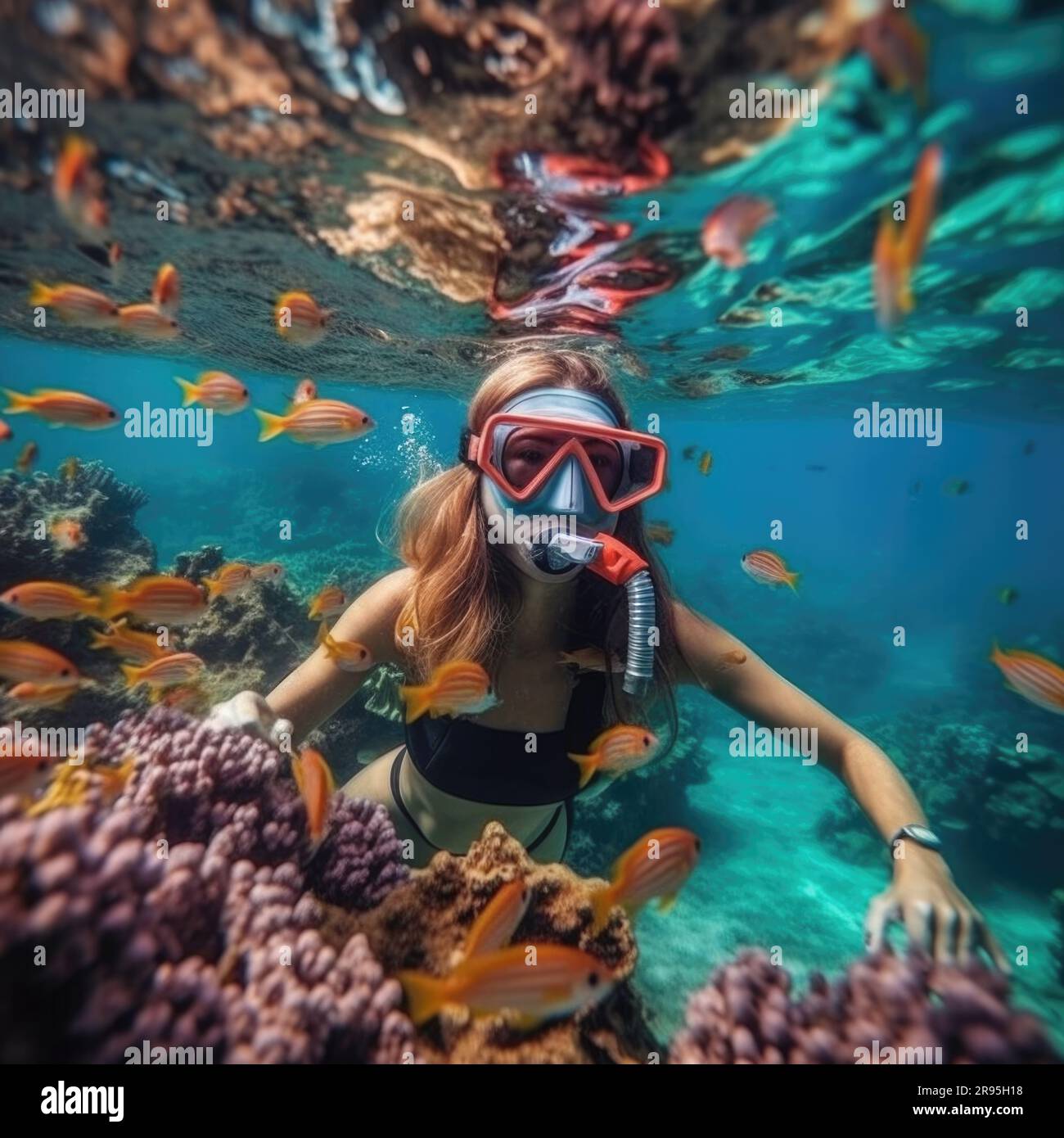 girl in snorkeling mask dive underwater with tropical fishes in coral