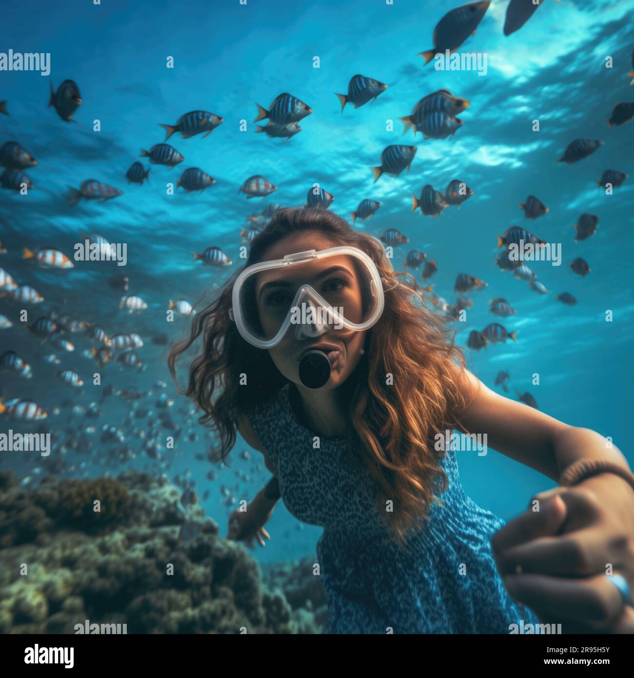 girl in snorkeling mask dive underwater with tropical fishes in coral