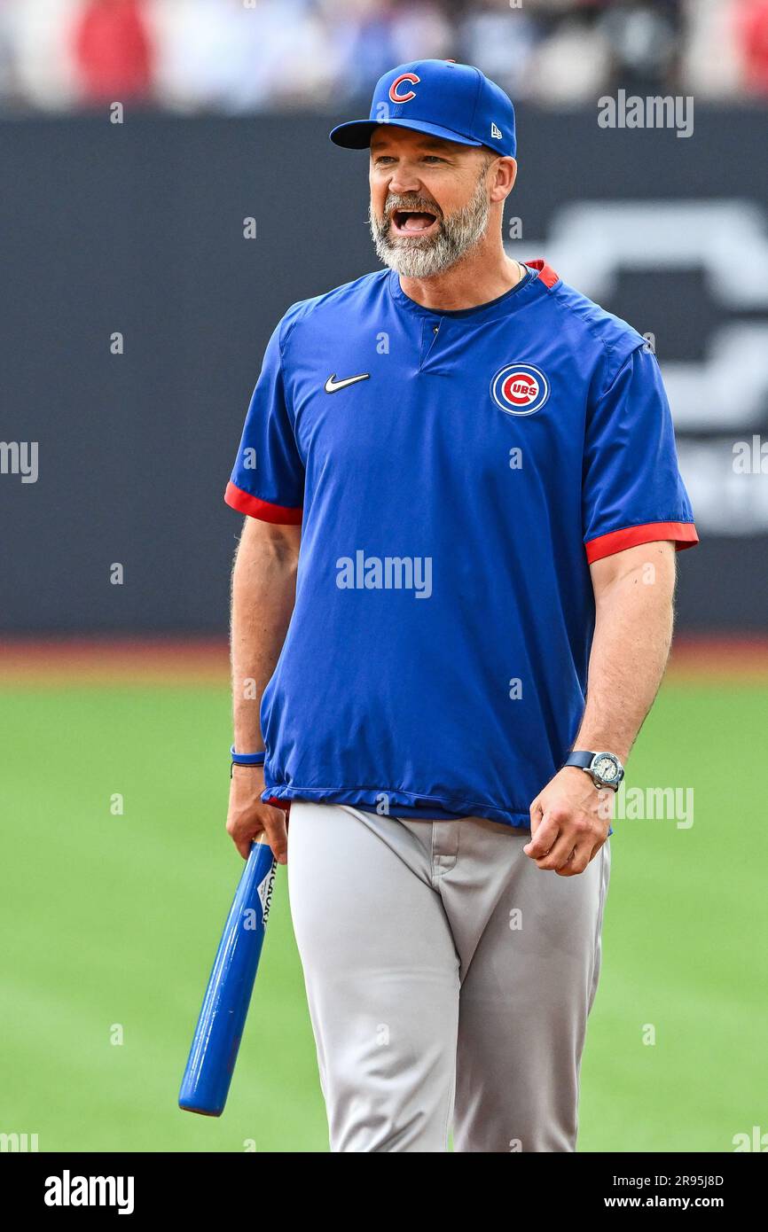 David Ross #3 Manager of the Chicago Cubs during an interview ahead of the  2023 MLB London Series Workout Day for St. Louis Cardinals and Chicago Cubs  at London Stadium, London, United