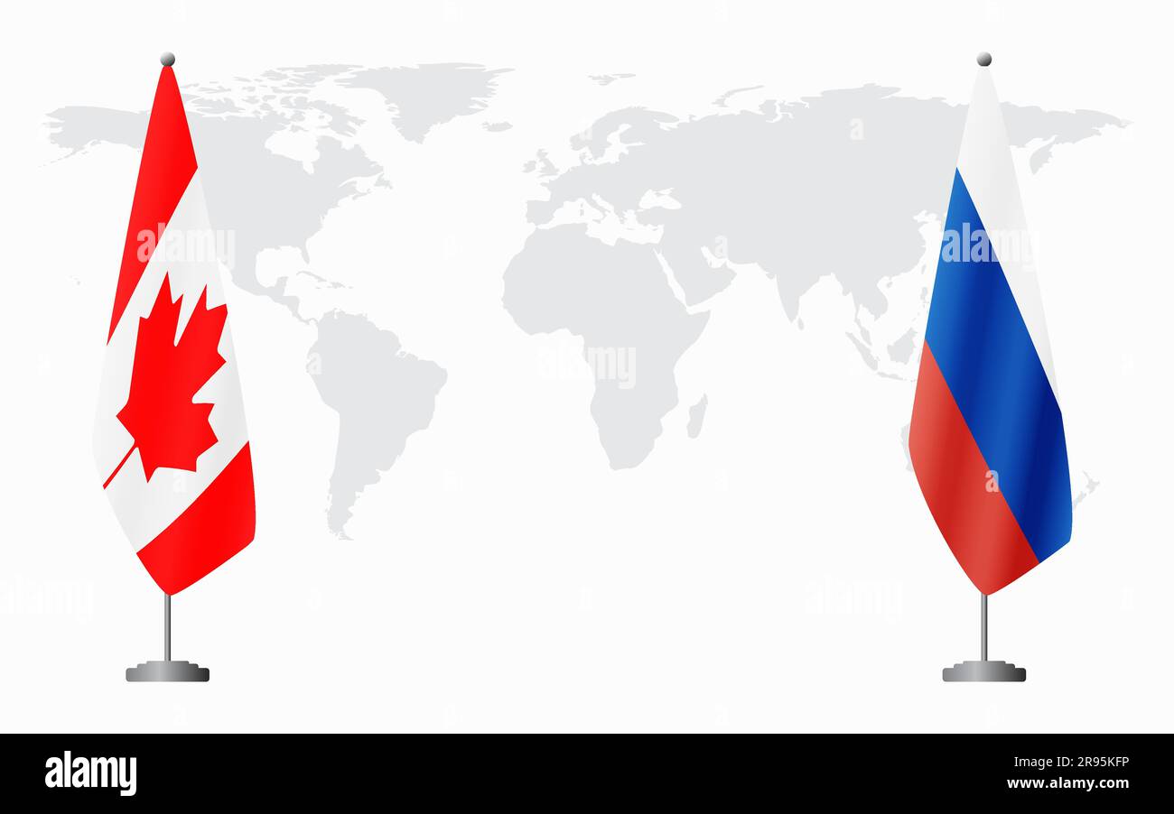 Canada and Russia flags for official meeting against background of