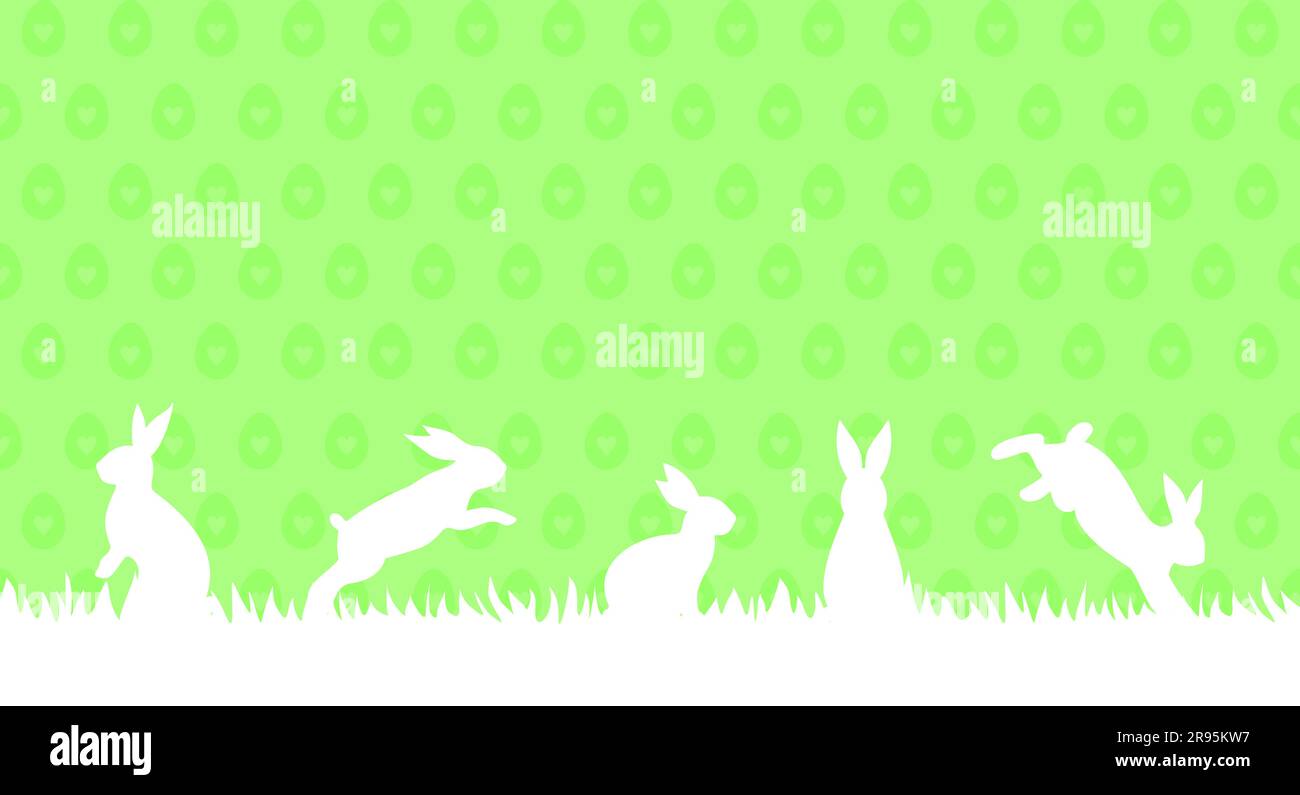 White rabbits in a grass on a light green patterned background with a copy space Stock Vector