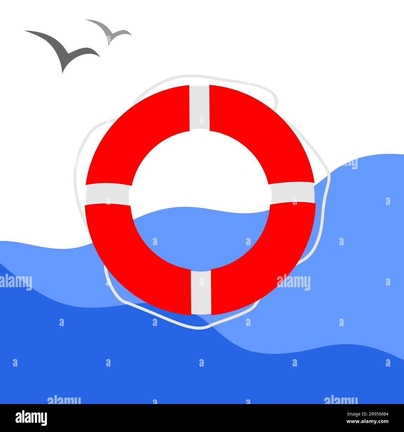 Red lifebuoy on a background of blue sea waves with seagulls behind Stock Vector