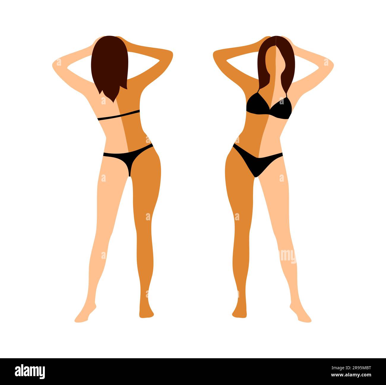 Woman in a black bikini in full height with a half tanned body before and after instant tan on a white background. Front view and rear view Stock Vector