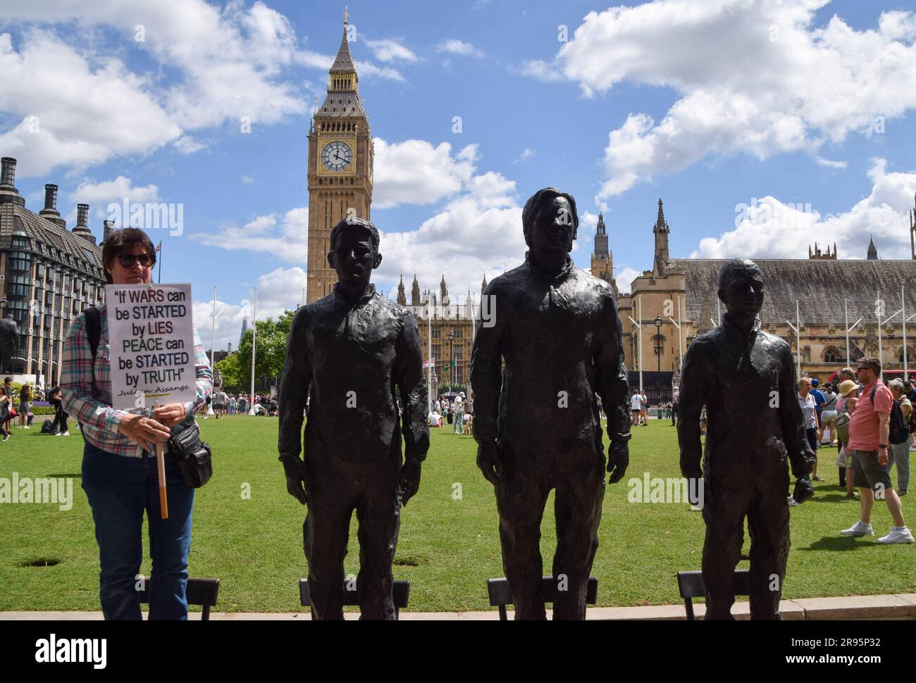 London, UK. 24th June 2023. Statues of Edward Snowden, Julian Assange and Chelsea Manning erected by activists in Parliament Square as protesters gathered calling on the UK Government to free Julian Assange and not to extradite him to the US. Credit: Vuk Valcic/Alamy Live News Stock Photo