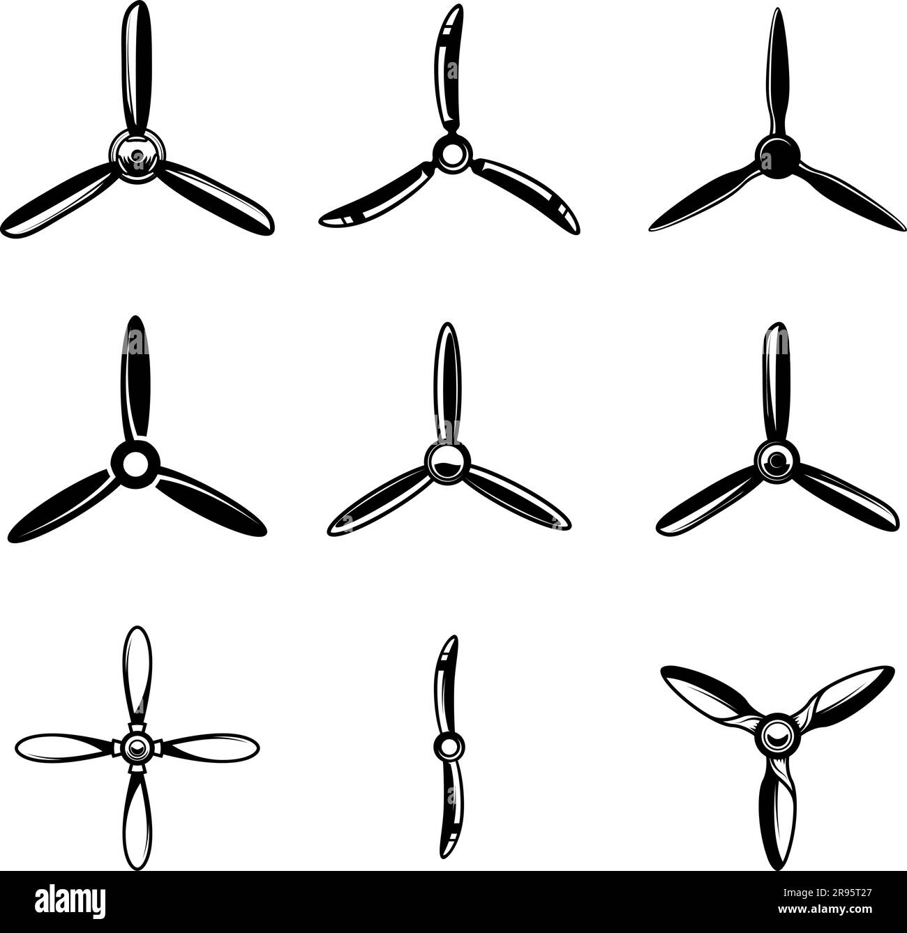 A collection of vector illustrations of airplane propellers. Perfect for aviation-themed designs. Use them for posters, logos, websites, and more Stock Vector