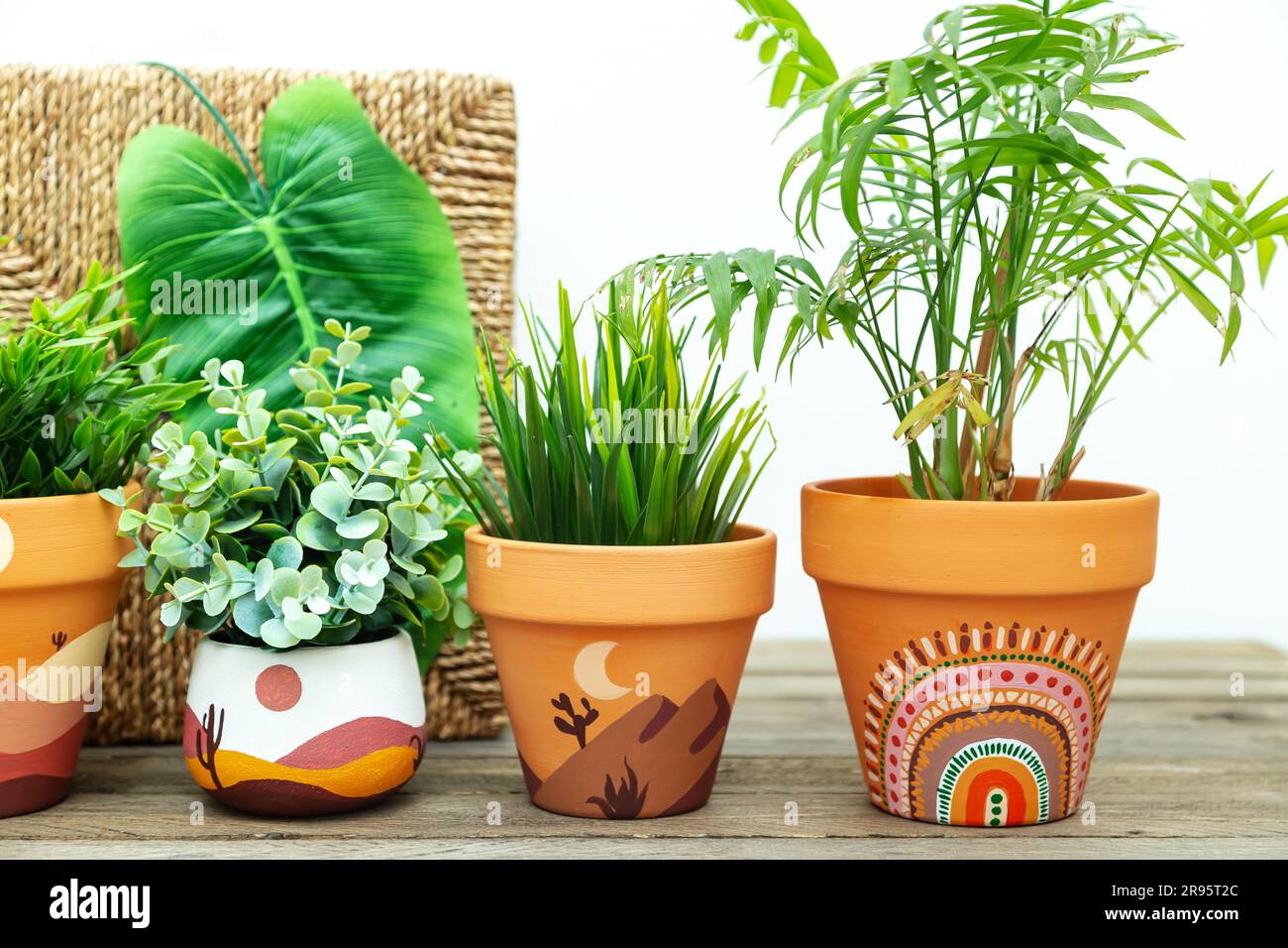 Artificial plants in clay terracotta pots. Hand painted with acrylics