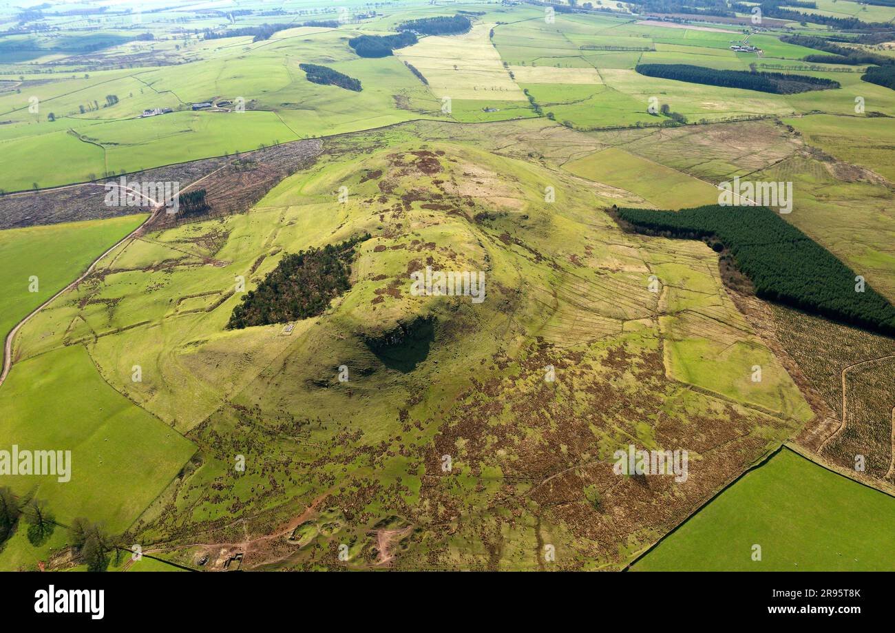 Burnswark Iron Age hillfort near Lockerbie. Seen from N.E. showing ramparts of Roman siege camps on N and S flanks. Possible main seat of Novantae Stock Photo